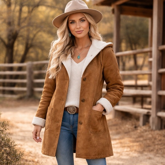 Lands' End Jackets & Blazers - Land’s End Sherpa Lined Faux Suede Coat Women’s Tan Brown Hooded Long
